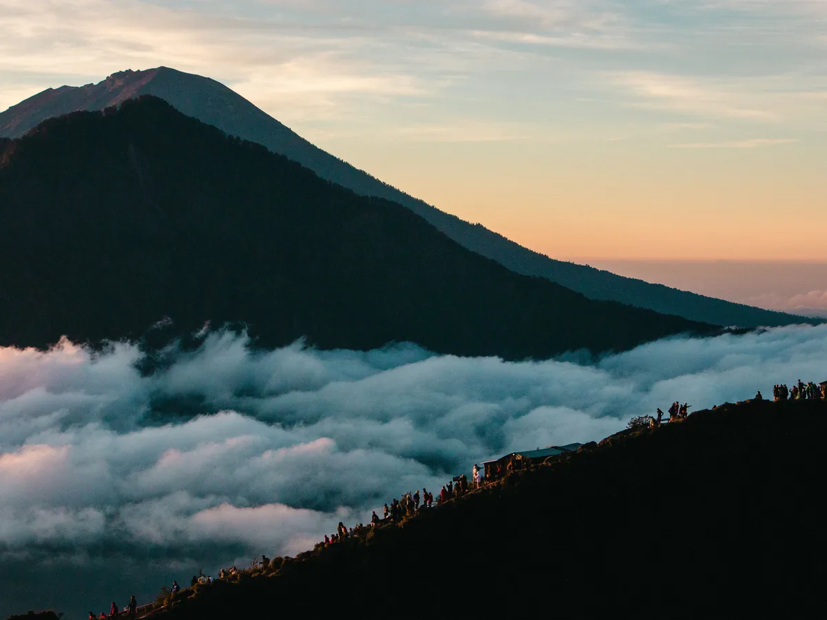 Mount Agung rising behind the Besakih temple complex