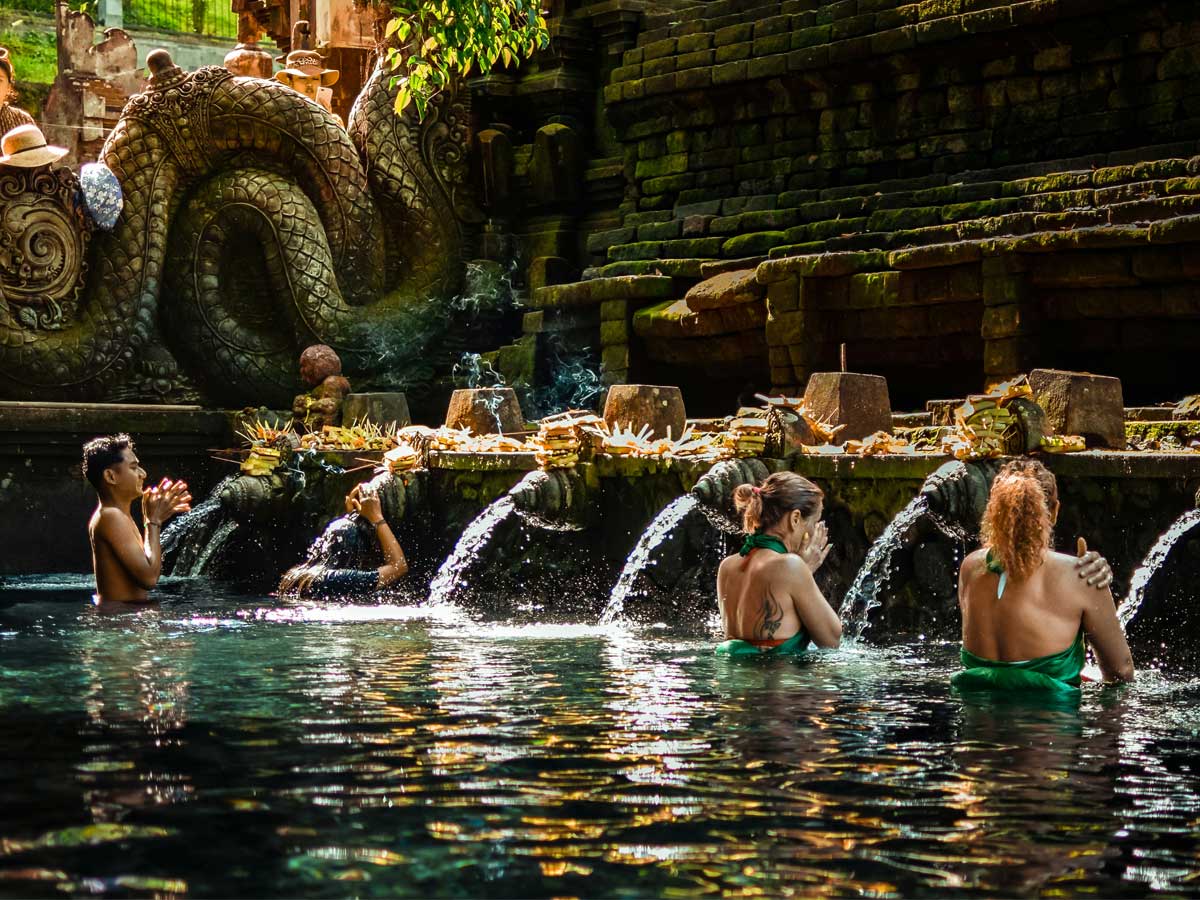 Worshippers in sarongs at a Balinese temple ritual